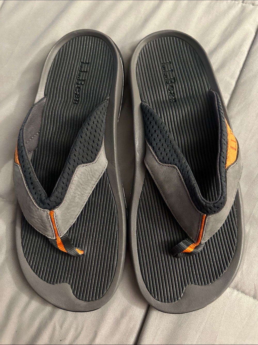 L.L. Bean Men's Gray and Black Flip-Flops with Orange Trim